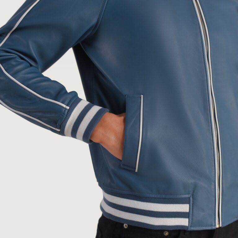 Mens Cooper Blue Leather Varsity Jacket Close-Up-9-1704123150956